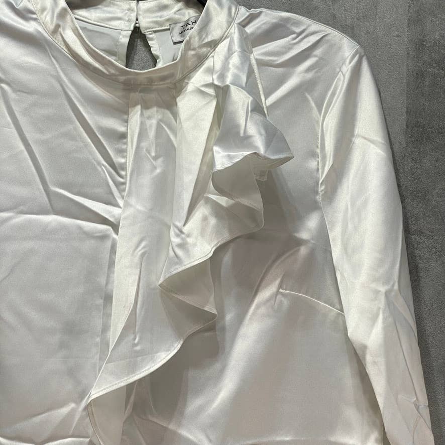 TAHARI ASL Petite Ivory Stand Collar Ruffle-Trim Long Sleeve Top SZ P/M