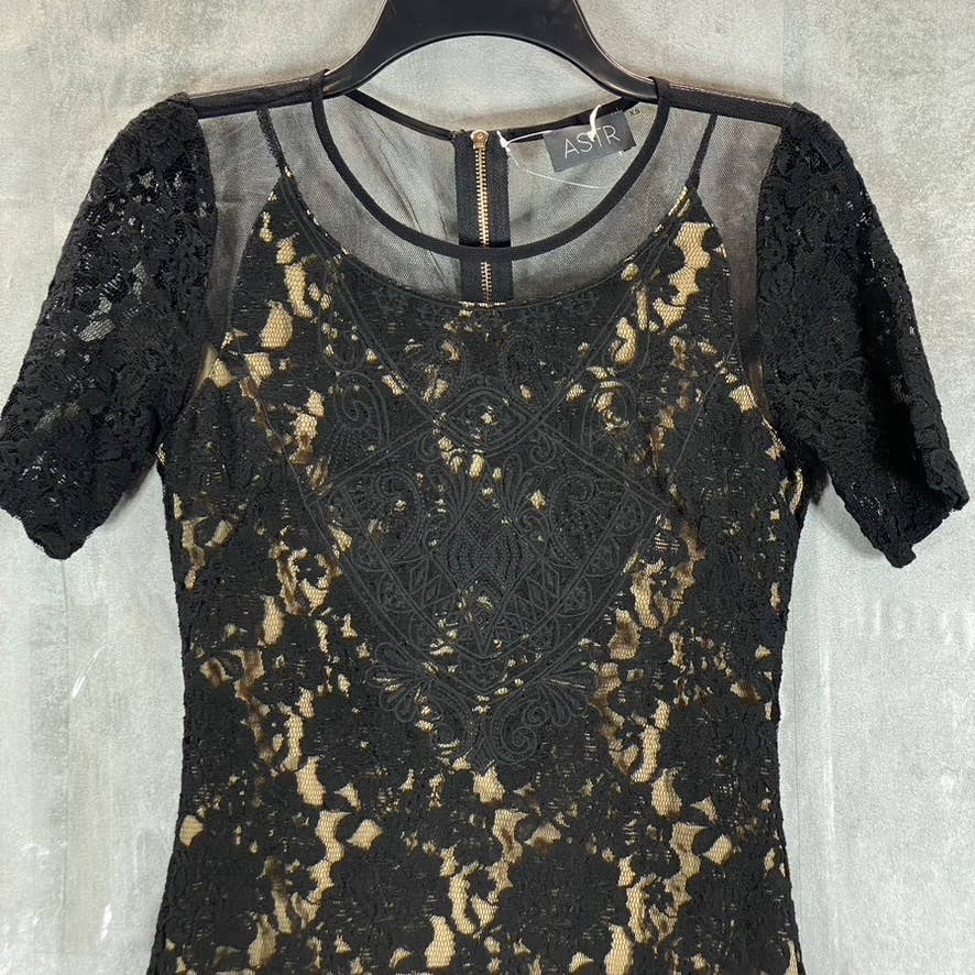 ASTR Women's Black Mesh Lace Lined Short-Sleeve Bodycon Mini Dress SZ XS