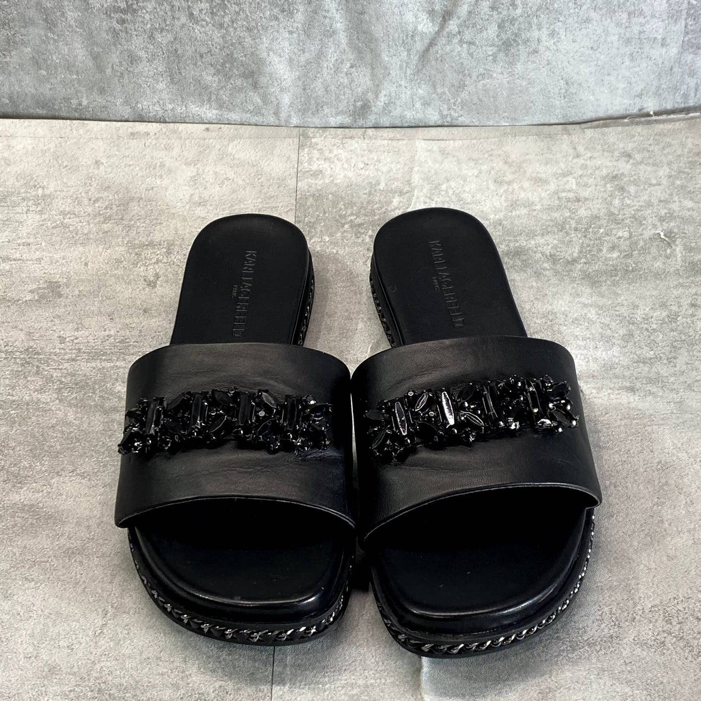 KARL LAGERFELD PARIS Women's Black Rhinestone Embellished Bijou Slide Sandals