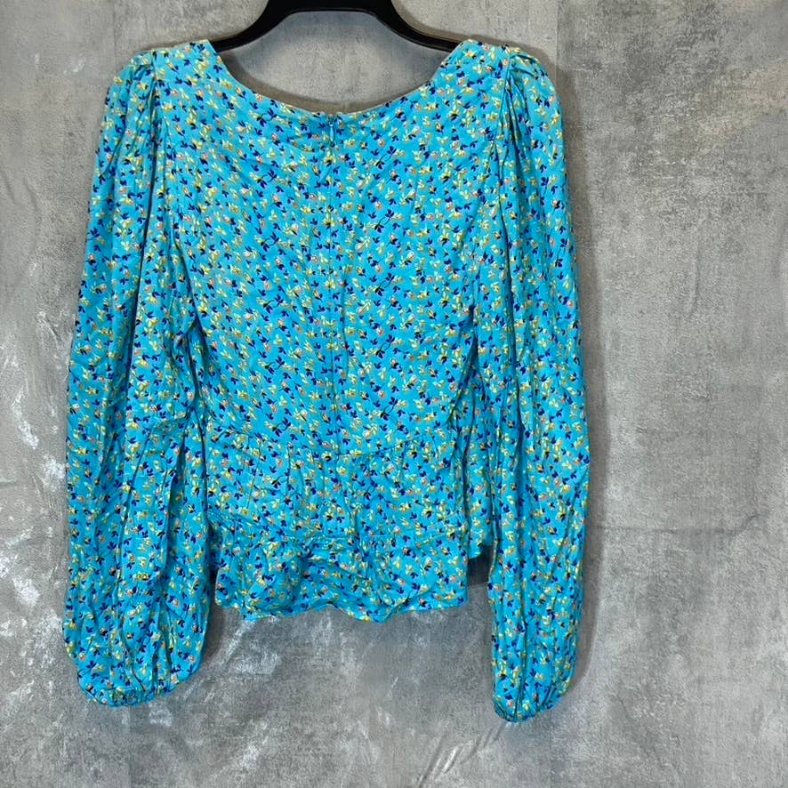 AFRM Women's Bright Blue Floral Print Soni Ruched Balloon Sleeve Crop Top SZ S
