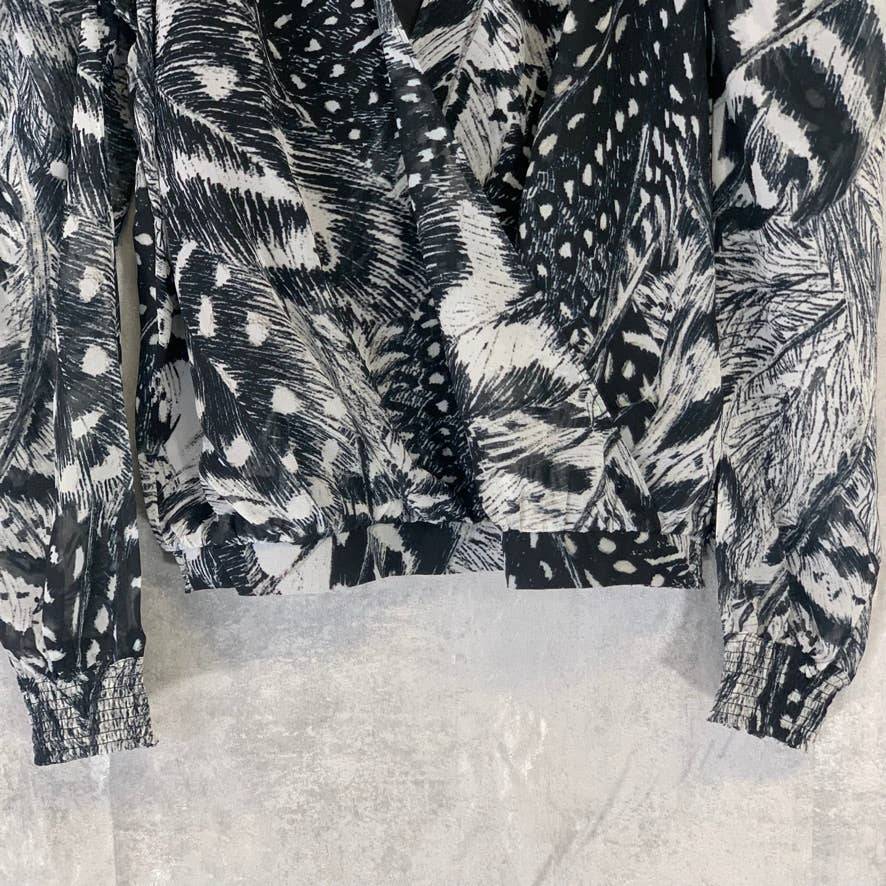 ALLSAINTS Black Fara Stretto Chiffon Monochrome Print Wrap Top SZ 4