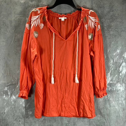 CHARTER CLUB Women's Orange Drop-Shoulder Peasant 3/4 Sleeve Split-Neck Top SZ L