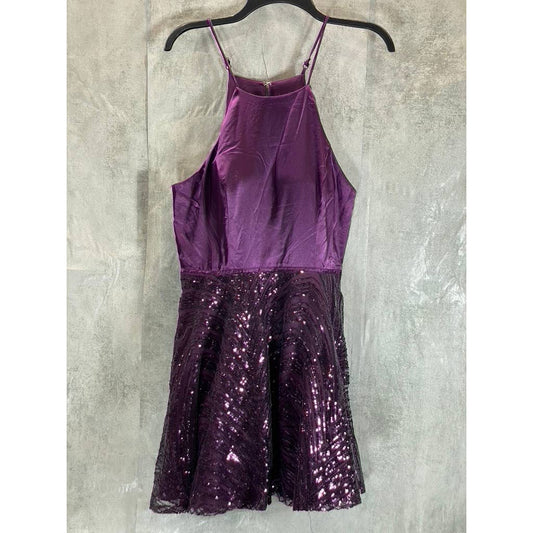 CITY STUDIO Juniors' Purple Satin Sequin-Hem Mini Fit & Flare Dress SZ 11