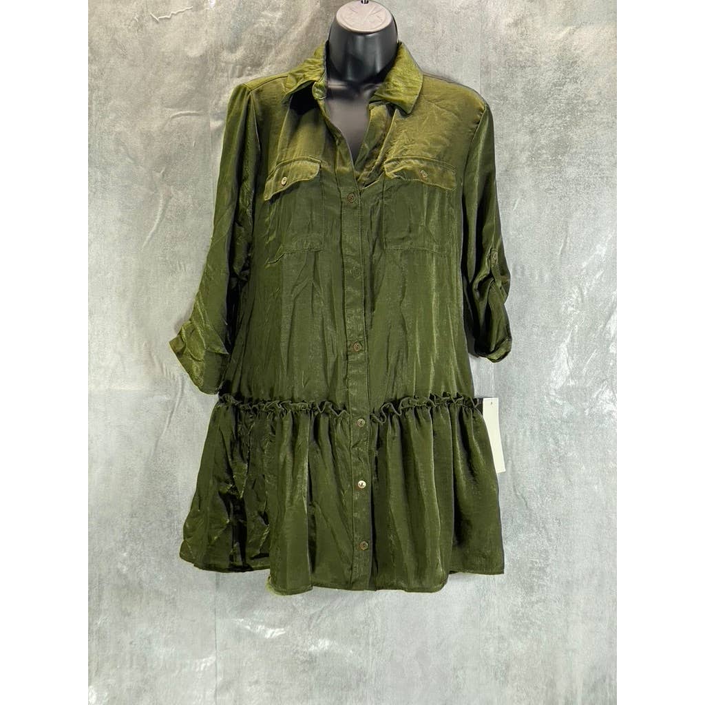 KINGSTON GREY Juniors' Olive Ruffle-Hem Long-Sleeve Button-Front Shirtdress SZXS