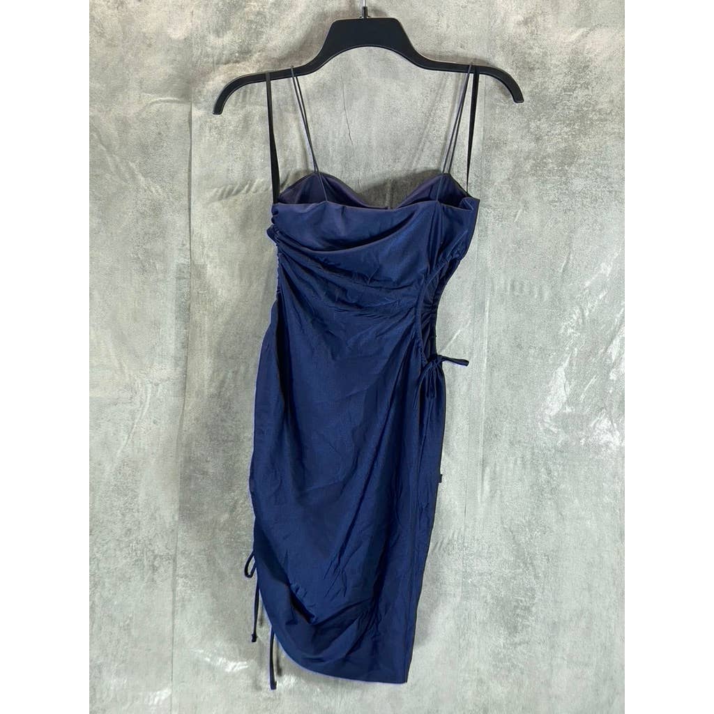 B. DARLIN Navy Bungee-Strap Square-Neck Cutout-Side Ruched Bodycon Dress SZ M