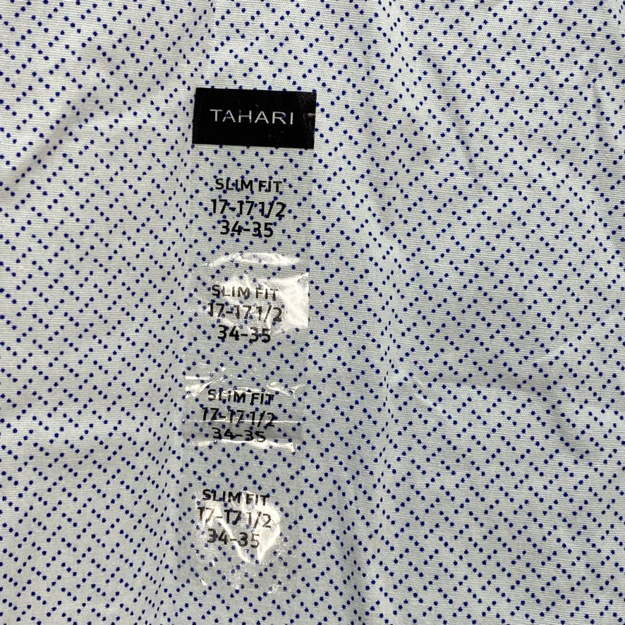 TAHARI Blue/White Geometric Print Button Down Slim Fit Stretch Non Iron Shirt SZ 17-17.5 34-35