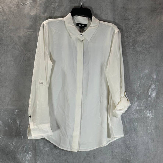 DKNY Women's Ivory Cuffed-Sleeve Hidden-Placket Top SZ L